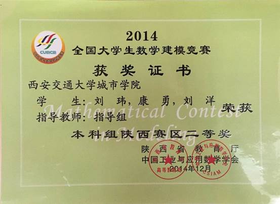 全国大学生数学建模竞赛陕西赛区二等奖